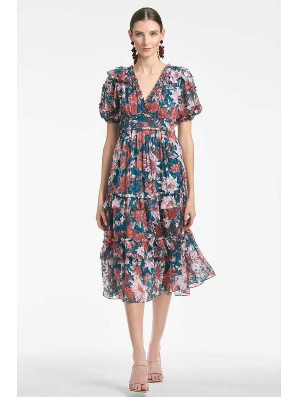 Sachin & Babi Veronica Floral Tiered Dress Midi Teal Guava Lily Sz 14